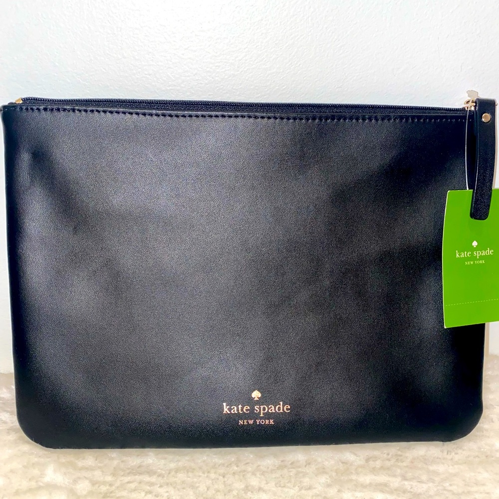 KATE SPAD Black Leather Gia Crystal Court Clutch/Pouch - NEW